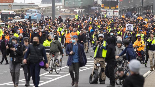 Protesters move towards Melbourne’s West Gate Bridge. Picture: Aaron Francis