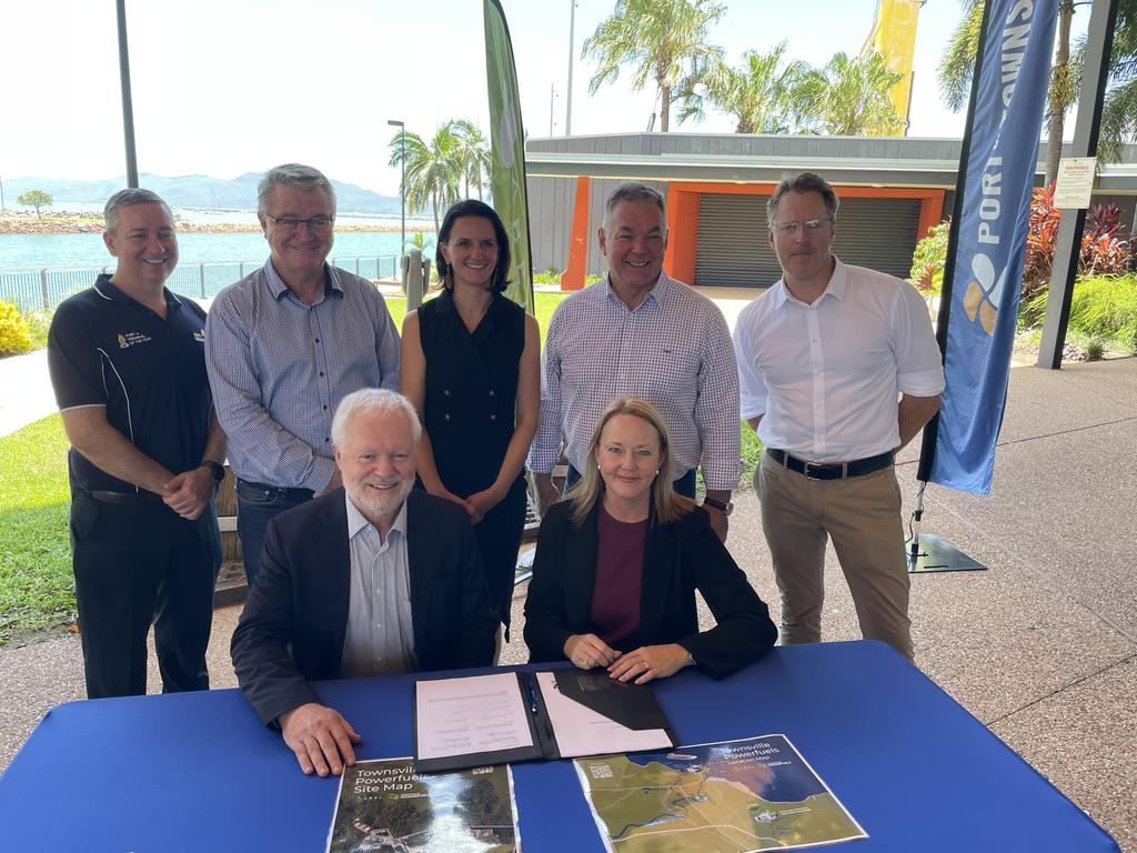 Signing the Townsville Powerfuels Memorandum of Understanding - Port of Townsville's Drew Penny, Mundingburra MP Les Walker, ABEL Energy CEO Michael van Baarle, Townsville Enterprise CEO Claudia Brumme-Smith, Port of Townsville CEO Ranee Crosby, Townsville MP Scott Stewart, ABEL Energy director commercial Simon Talbot. Picture: Leighton Smith.