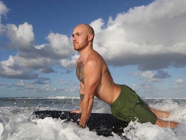 Professional bodyboarder Jake Stone has miraculously recovered from a compound fracture to his lower leg ,and gets a quick surf in at Tugun before heading off to compete at one of the most dangerous waves in the world. Picture Glenn Hampson