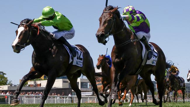 Brazen Style ridden by Craig Newitt (inside) fought hard to secure a narrow win at $51 at Caulfield last spring. Picture: Michael Klein