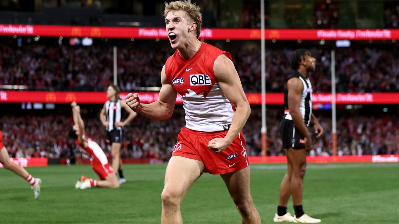 Dylan Stephens celebrates a goal against Collingwood. Picture: Getty Images