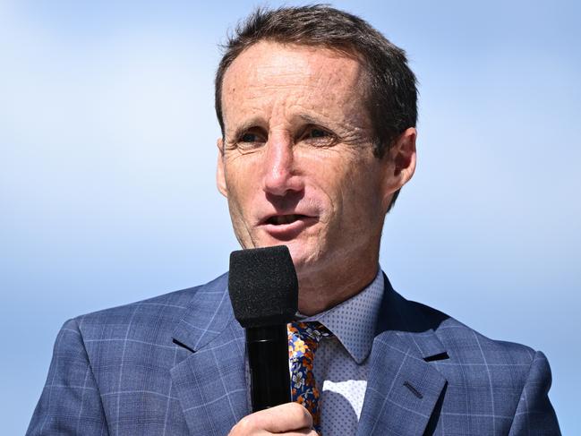 MELBOURNE, AUSTRALIA - OCTOBER 30: Jockey Damien Oliver speaks on stage during the 2023 Melbourne Cup Carnival Launch at Flemington Racecourse on October 30, 2023 in Melbourne, Australia. (Photo by Quinn Rooney/Getty Images)