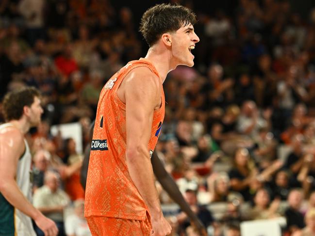 CAIRNS, AUSTRALIA - OCTOBER 04: Taran Armstrong of the Taipans reacts during the round three NBL match between Cairns Taipans and Tasmania Jackjumpers at Cairns Convention Centre, on October 04, 2024, in Cairns, Australia. (Photo by Emily Barker/Getty Images)