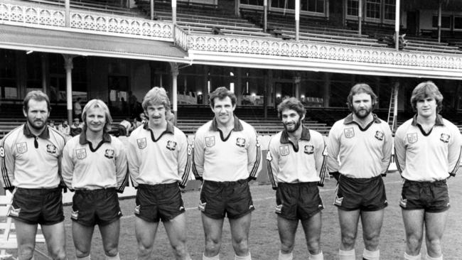 Parramatta players had eight NSW Origin players in 1983. (L-R) Ray Price, Peter Sterling, Brett Kenny, Mick Cronin, Steve Ella, Eric Grothe and Neil Hunt.