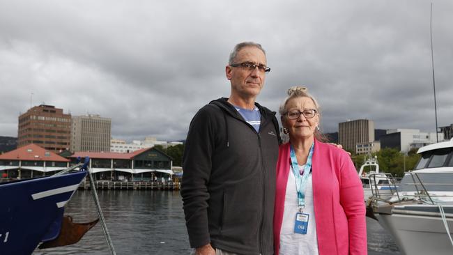 Greg and Kellie Bryan from Burnie who have ended up back in their home state after the unexpected arrival in Hobart. P&O Cruises ship Pacific Adventure docks in Hobart after being denied access to dock in New Zealand. Picture: Nikki Davis-Jones