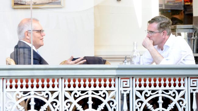 SYDNEY, AUSTRALIA - NewsWire Photos JULY 11, 2024: Former Prime minister Scott Morrison pictured with former premier of NSW Dominic Perrottet at the cafe at the Sydney Eye Hospital, Sydney CBD.Picture: NewsWire / Damian Shaw