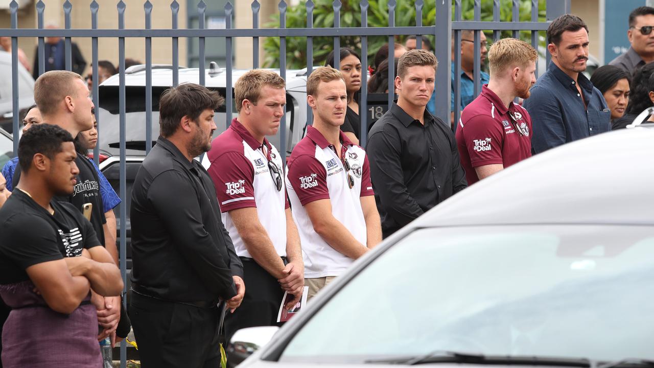 Manly’s star players at the funeral for Manly’s Keith Titmuss. Picture: Brett Costello