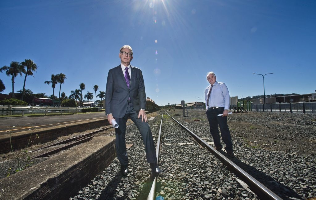 FULL STEAM: John Dornbusch, Interlink SQ Chairman (left) and TRC Mayor Paul Antonio were both pleased with the Federal Government commitment to the inland rail network earlier in the year. . Picture: Nev Madsen