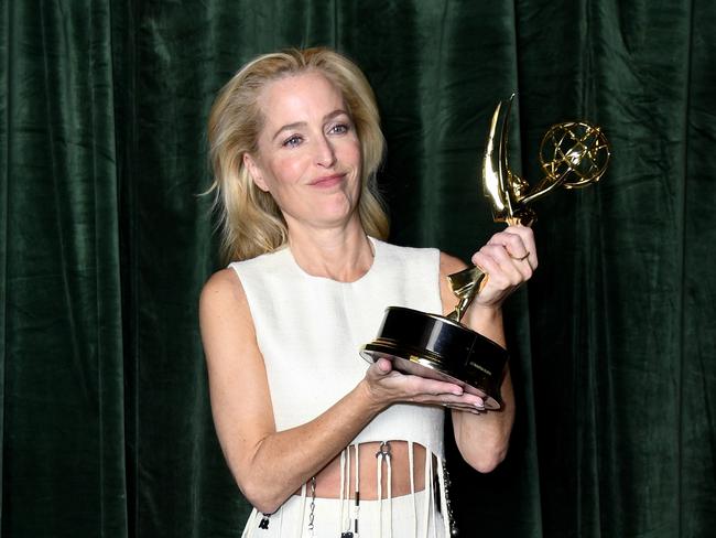 Gillian Anderson, who played Margaret Thatcher in The Crown, with her Emmy award for outstanding supporting actress for a drama series. Picture: Getty