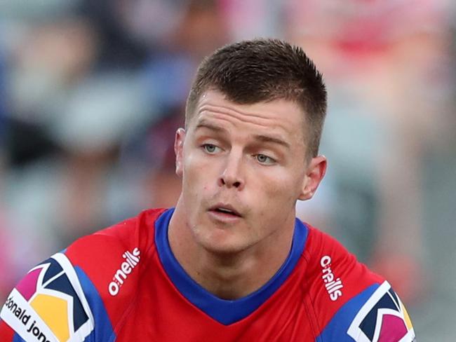 GOSFORD, AUSTRALIA - FEBRUARY 29: Jayden Brailey of the Knights passes the ball during the NRL trial match between the Sydney Roosters and the Newcastle Knights at Central Coast Stadium on February 29, 2020 in Gosford, Australia. (Photo by Tony Feder/Getty Images)