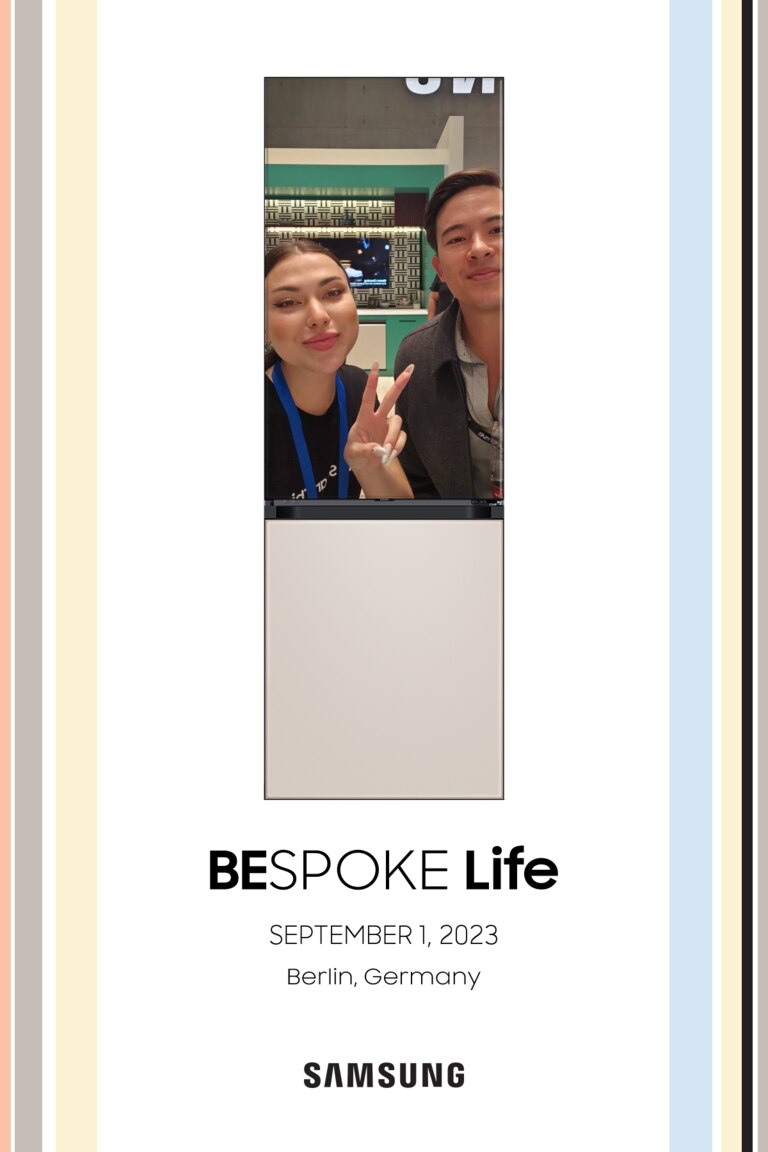 A photo of a Samsung staff member and this reporter on the Bespoke Life fridge.