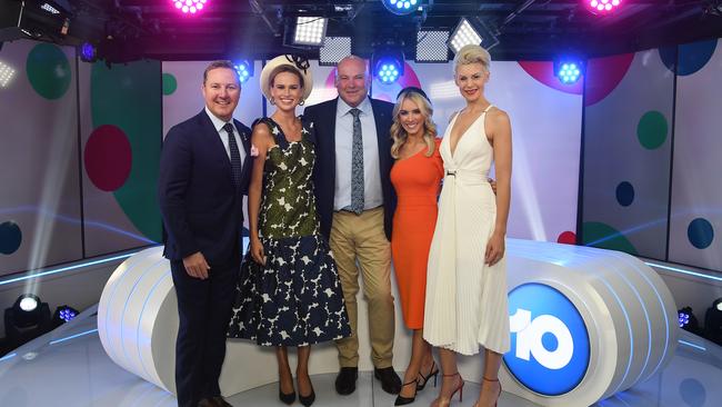 The Channel 10 broadcast team Matt White, Francesca Cumani, Peter Moody, Brittany Taylor and Kate Peck ahead of the Melbourne Cup Carnival.