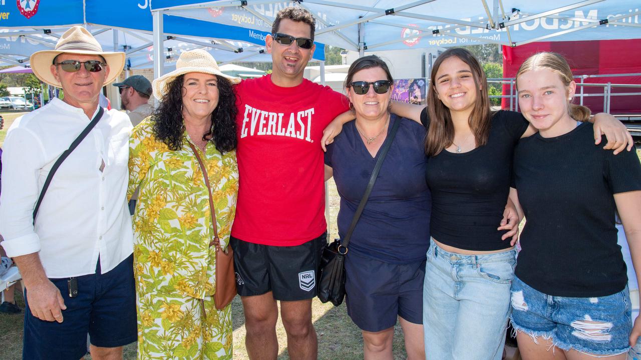 (From left) Des Browne, Kelly Browne, Nathan Manning, Tamara Manning, Natalie Manning and Sophie Manning at the Murphys Creek Chilli and Craft carnival. Sunday, September 22, 2024. Picture: Nev Madsen