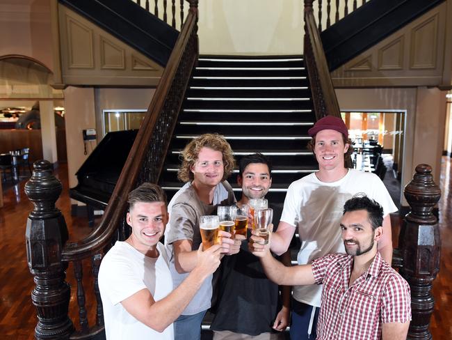 Former regulars Jack Jansson 22, Luke Hull 22, Tristan Strange 23, Mitch Brown 24, and Julian Strange 26 in the pub’s famous foyer. . Picture: Jason Sammon