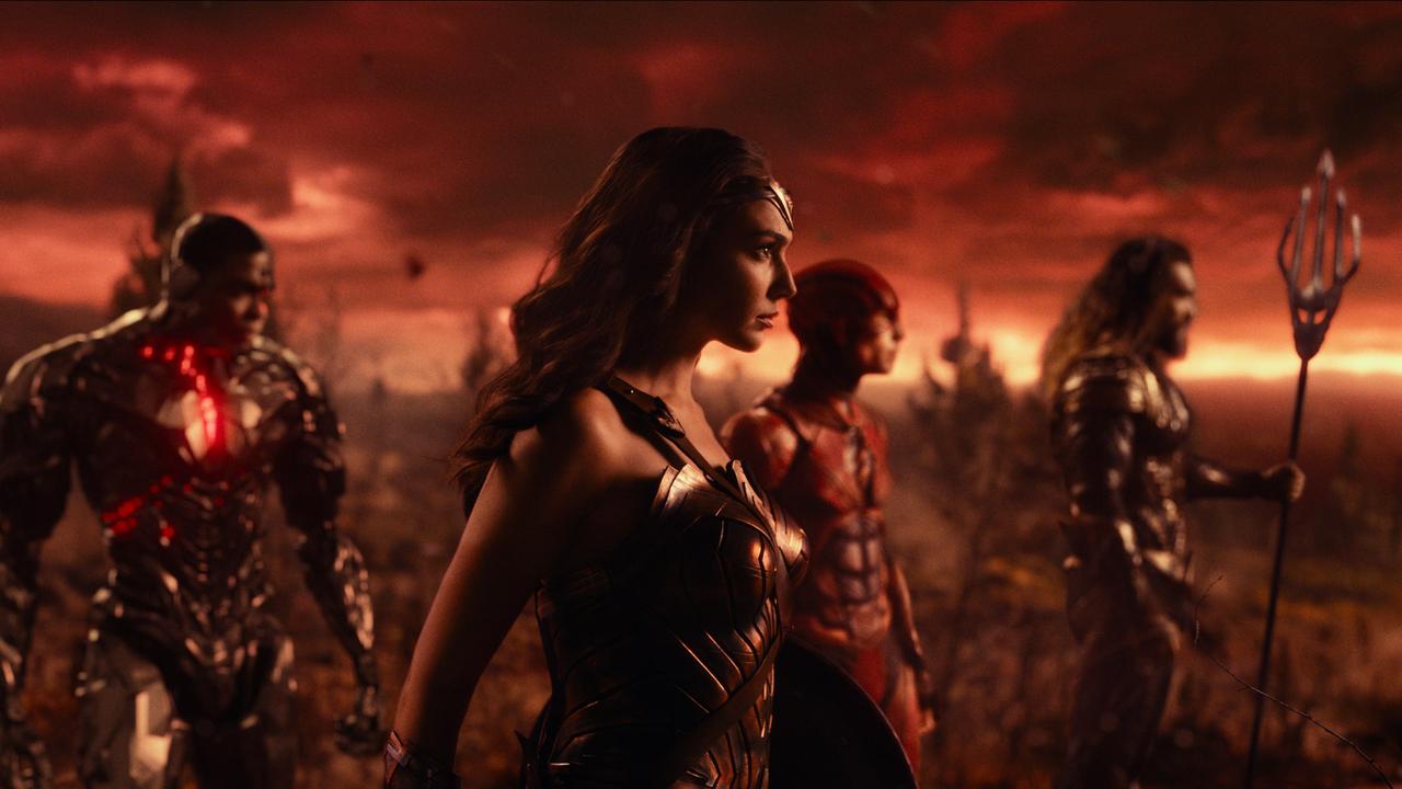 Ray Fisher, Gal Gadot, Ezra Miller and Jason Momoa in a scene from Justice League.