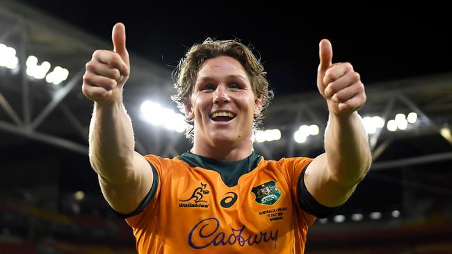 BRISBANE, AUSTRALIA - JULY 17: Michael Hooper of the Wallabies thanks the crowd as he celebrates victory during the International Test Match between the Australian Wallabies and France at Suncorp Stadium on July 17, 2021 in Brisbane, Australia. (Photo by Albert Perez/Getty Images)