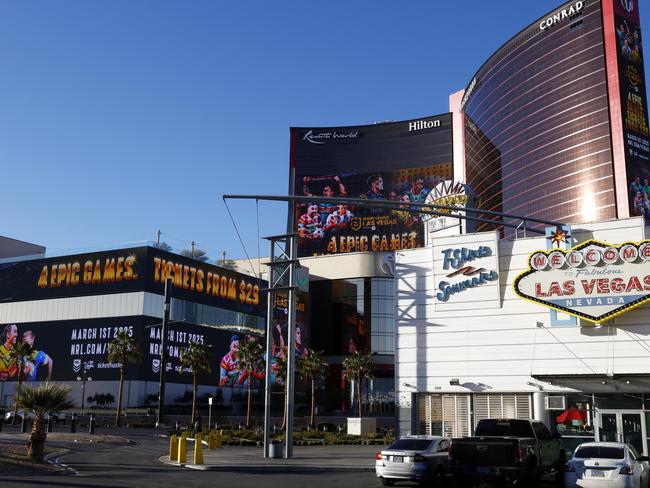 Digital billboard promoting the NRL season opener at Allegiant Stadium on the side of Resorts World building in Las Vegas. Picture: Jonathan Ng