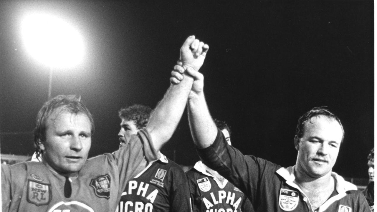 NSW great Peter Sterling (left) and Queensland legend Wally Lewis were among the pioneers who played an Origin exhibition match in Long Beach, California in 1987.