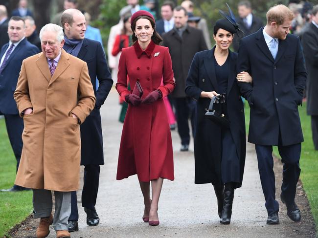 Prince Charles, Prince William, Kate Middleton, Meghan Markle and Prince Harry arrive for the Royal Family's traditional Christmas Day service in Norfolk in 2018. Picture: AFP.