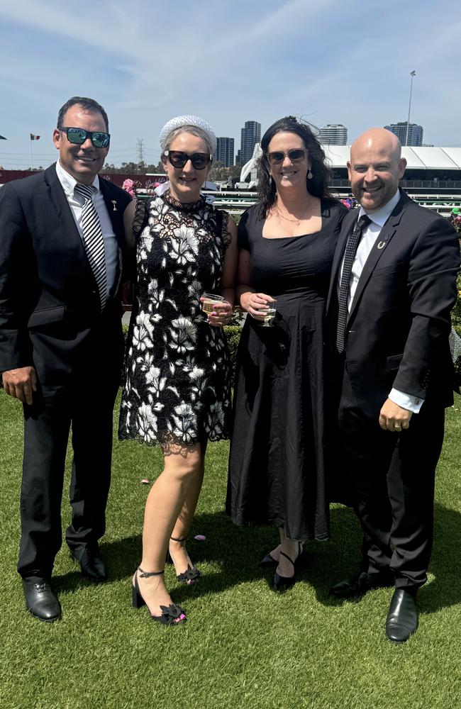 Matthew Hardy, Anna Hardy, Helen Davis and Beau Davis at Flemington for Derby Day on November 2, 2024. Picture: Phillippa Butt