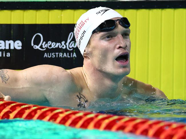 BRISBANE, AUSTRALIA - JUNE 15: Cody Simpson of Queensland reacts after competing in the MenÃ¢â¬â¢s 100m Butterfly Final during the 2024 Australian Swimming Trials at Brisbane Aquatic Centre on June 15, 2024 in Brisbane, Australia. (Photo by Quinn Rooney/Getty Images)