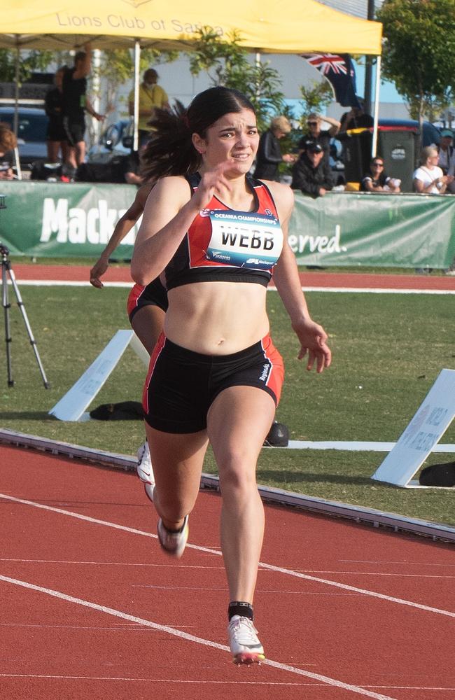 Oceania Athletics Championships Women 200 Metre Run Under 18 Finals. Mikayla Webb at the Mackay Aquatic and Recreation Complex. June 8, 2022. Picture: Michaela Harlow