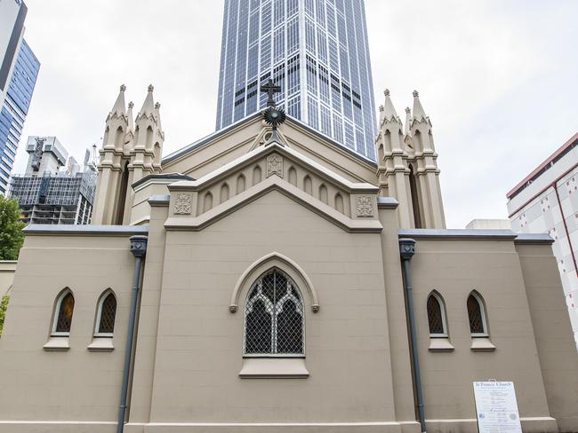 The church as it now appears, with skyscrapers all around.