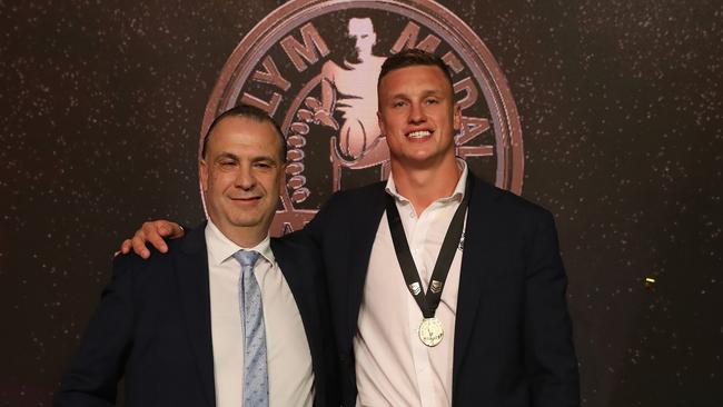 Winner of the Dally M Award Canberra's Jack Wighton with Peter V'landys