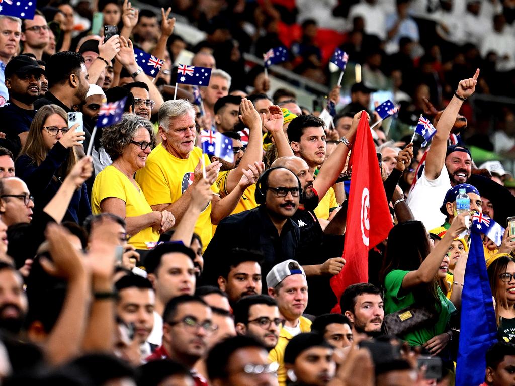 Australian football fans were outnumbered but not unheard at the Ahmad Bin Ali Stadium. Picture: Joe Allison/Getty Images