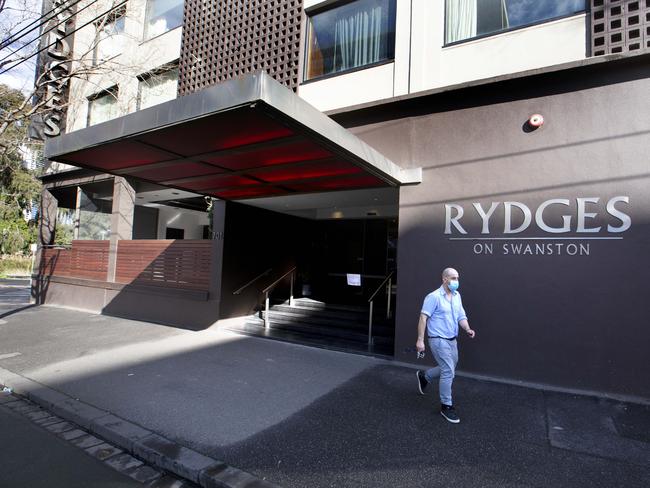 Security guards at Rydges on Swanston cleaned toilets and areas such as lifts used by COVID-positive guests. Picture: NCA NewsWire / David Geraghty