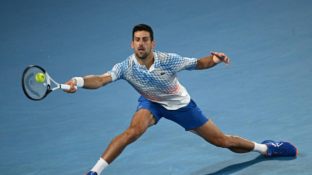 MELBOURNE, AUSTRALIA - JANUARY 29: Novak Djokovic of Serbia plays a forehand in the MenÃ¢â&#130;¬â&#132;¢s Singles Final against Stefanos Tsitsipas of Greece during day 14 of the 2023 Australian Open at Melbourne Park on January 29, 2023 in Melbourne, Australia. (Photo by Quinn Rooney/Getty Images)