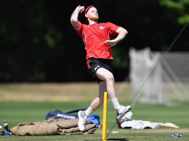 Ben Stokes rolls the arm over at Canterbury training.