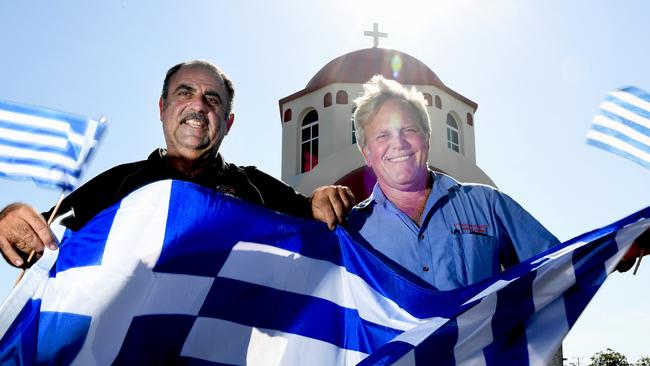 The Greek Festival which will replace Glenti in 2020 to be held at the Kalymnian Brotherhood in Marrara. Kalymnian Brotherhood Darwin president Michael Melas with Darwin Greek Community president Nick Poniris . Picture Katrina Bridgeford.