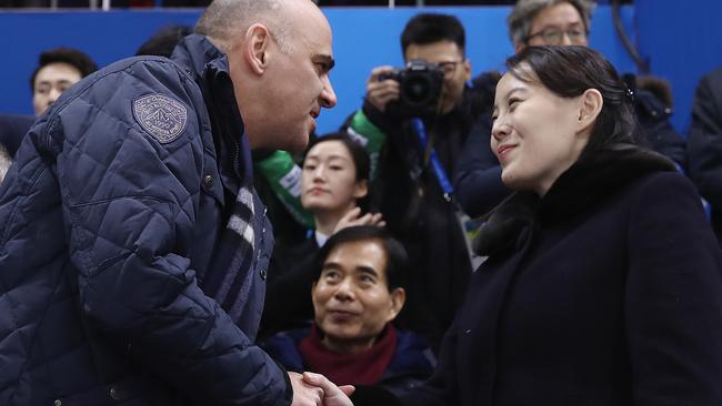 Swiss President Alain Berset shakes hands with Kim Yo-jong, sister of North Korean leader Kim Jong-un, during the Women's Ice Hockey Preliminary Round. Picture: Bruce Bennett/Getty Images.