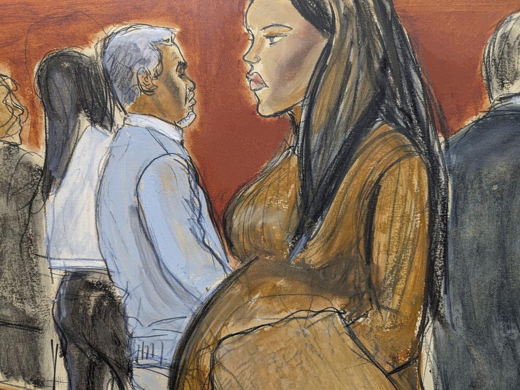 Ms Ventura, right, walks out of the New York courtroom past Sean Diddy Combs after testifying on Tuesday (local US time). Sketch: Elizabeth Williams via AP