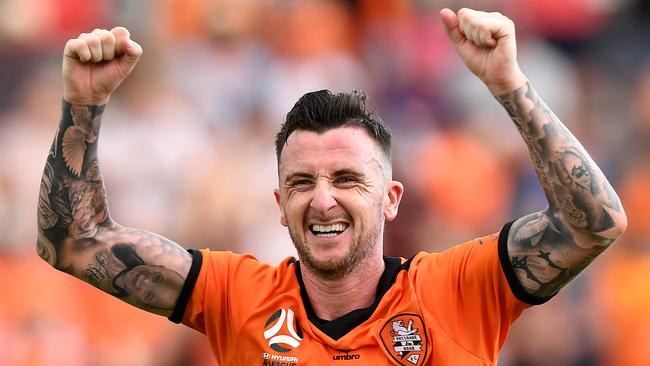 BRISBANE, AUSTRALIA - NOVEMBER 17: Roy O'Donovan of the Roar celebrates scoring a goal during the round six A-League match between Brisbane Roar and Melbourne City at Dolphin Stadium on November 17, 2019 in Brisbane, Australia. (Photo by Bradley Kanaris/Getty Images)