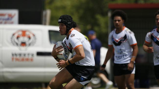 Lucas Muir in action for the Macarthur Wests Tigers against the North Coast Bulldogs during round two of the Laurie Daley Cup at Kirkham Oval, Camden, 10 February 2024. Picture: Warren Gannon Photography