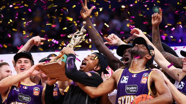 The Kings celebrate after winning last year’s NBL title. Picture: Mark Metcalfe/Getty Images