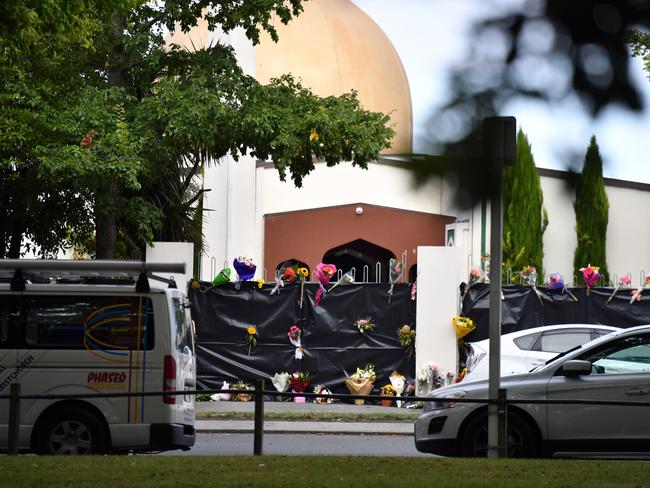 Flowers are seen at the Al Noor Masjid on Deans Rd in Christchurch. Picture: AAP