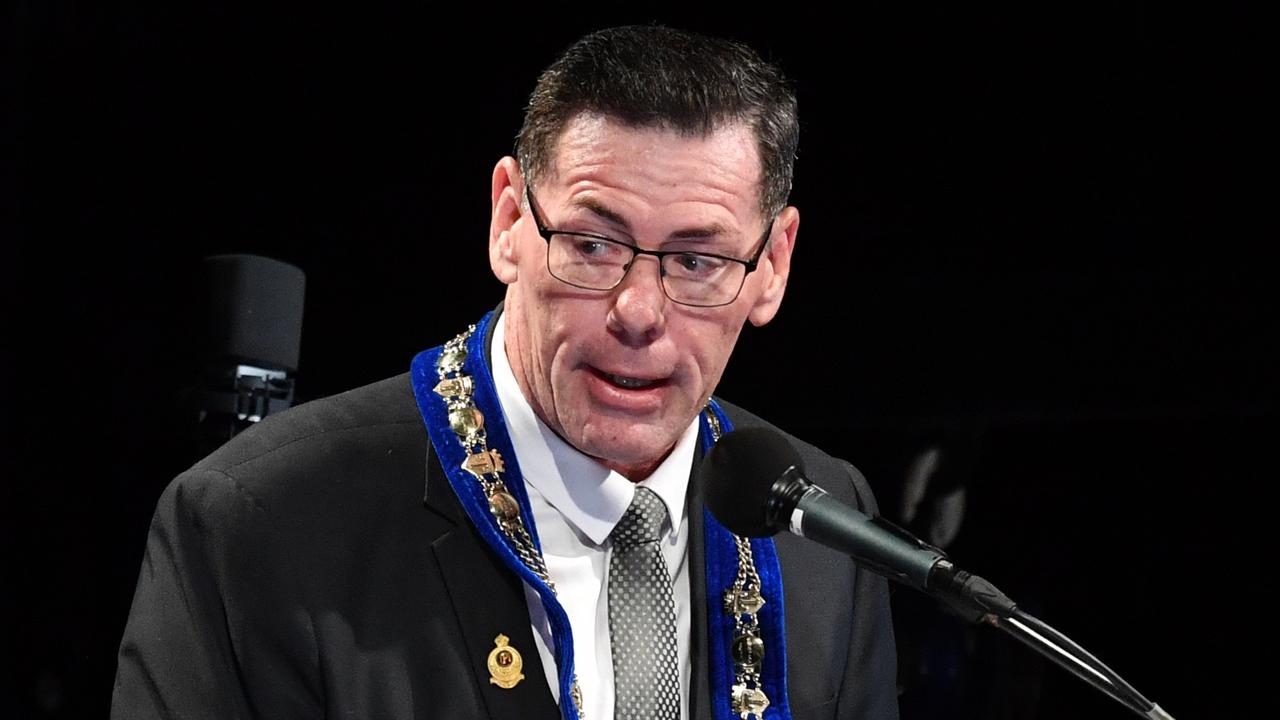 Townsville Mayor Troy Thompson delivering his address at the 2024 Anzac Day Dawn Service at Anzac Park, The Strand. Picture: Evan Morgan