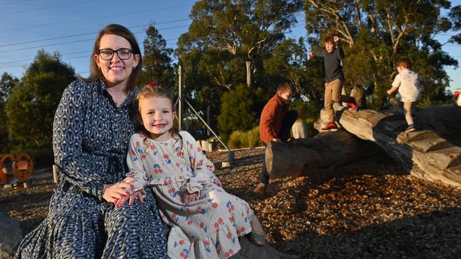 Emily Linton, and her four kids at the Springlake playground, welcomed news of a new school for Mount Barker. Picture: Keryn Stevens