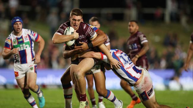 Shaun Lane on the attack for the Sea Eagles against Newcastle this season. Pictire: Getty Images.