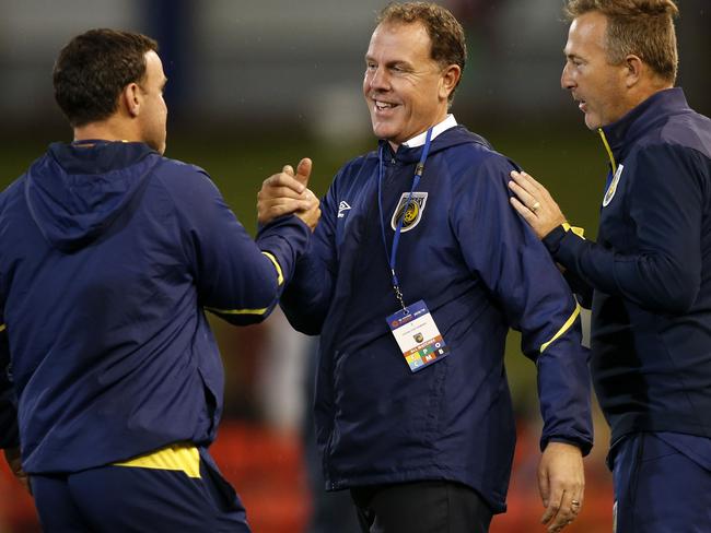Mariners interim coach Alen Stajcic celebrates the win over the Jets after the Round 22 A League match between the Newcastle Jets and the Central Coast Mariners at McDonald Jones Stadium in Newcastle, Saturday, March 16, 2019. (AAP Image/Darren Pateman) NO ARCHIVING, EDITORIAL USE ONLY