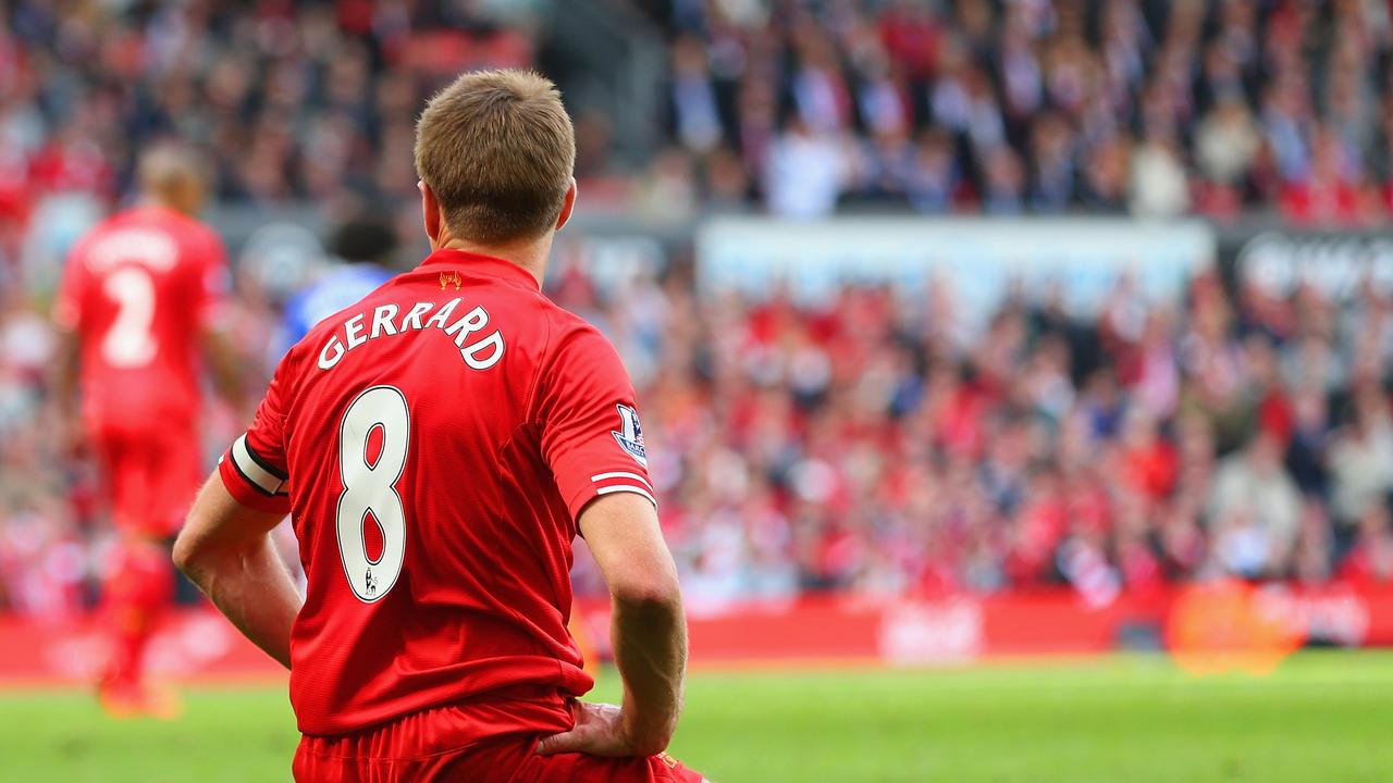 Iconic: Steven Gerrard of Liverpool on his knees back in 2014