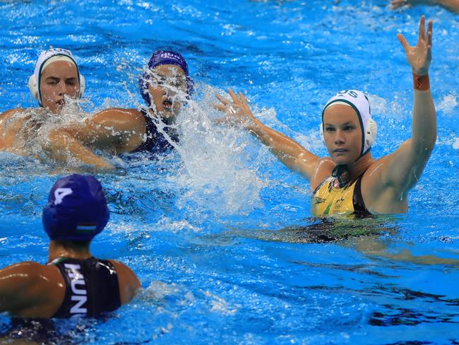 The Quaterfinal of the Women’s Water Polo Australia vs. Hungary, at the Olympics Aquatic Stadium in Rio de Janeiro, Brazil. Rowie Webster in action. Picture: Alex Coppel.