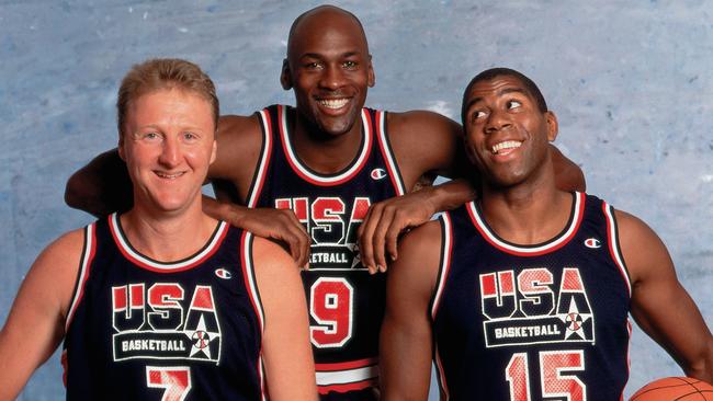 Larry Bird #7, Michael Jordan #9 and Magic Johnson #15 of the Dream Team.