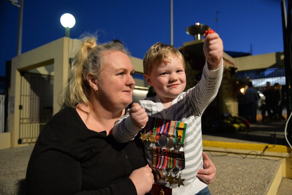 Anzac Day service at Memorial Park, Gympie. Arpil 25, 2016. Michelle and Brayden, 3, Manning. Photo Patrick Woods / Gympie Times. Picture: Patrick Woods