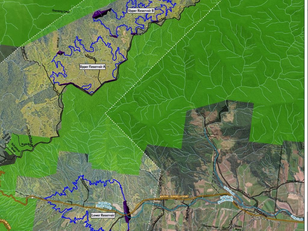 A map showing the three reservoirs and affected properties for the proposed Pioneer-Burdekin pumped hydro scheme. Picture: Queensland Hydro