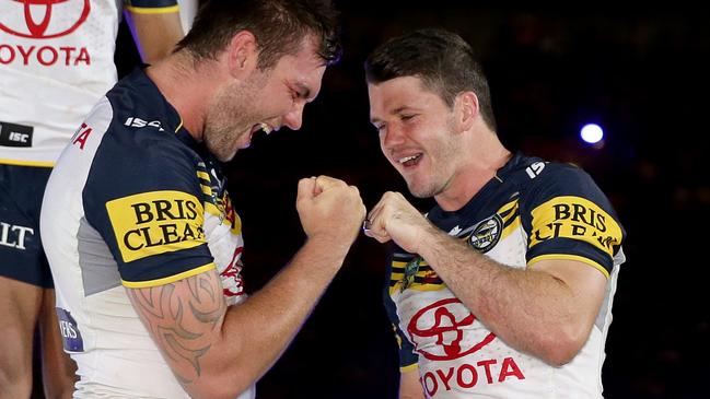 Kyle Feldt and Lachlan Coote celebrate after the Cowboys’ 2015 grand final triumph.