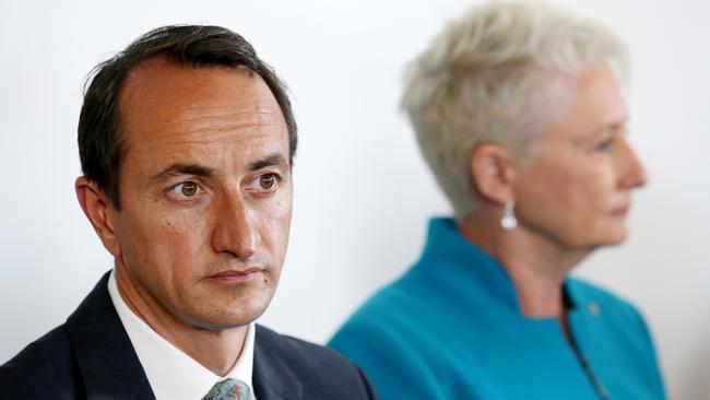 Dave Sharma and independent Kerryn Phelps before a candidates’ debate at Bondi Surf Club. Picture: Hollie Adams.